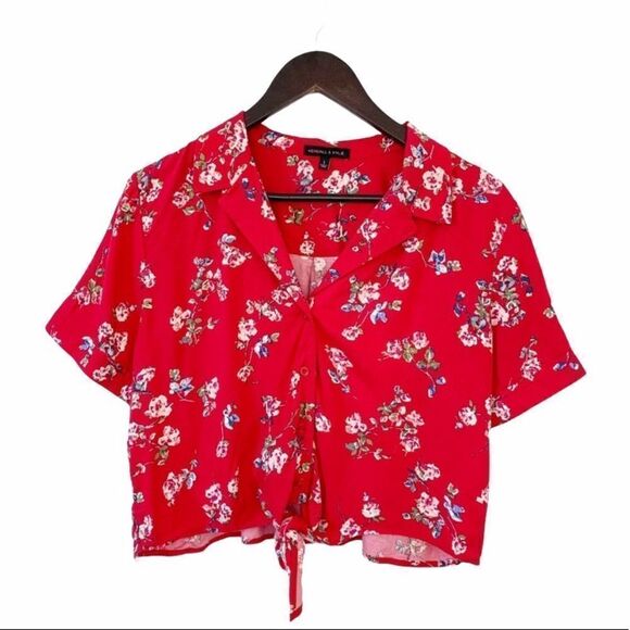 Y2K Red Floral Tie Front Crop Blouse - Picture 1 of 8